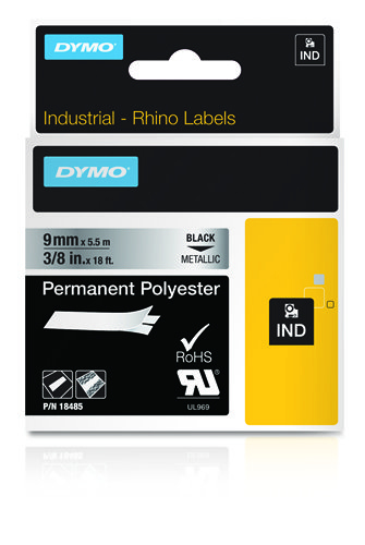 DYMO 18485 Industrial Permanent Polyester Labels Black Text on Metallic Label 9mm